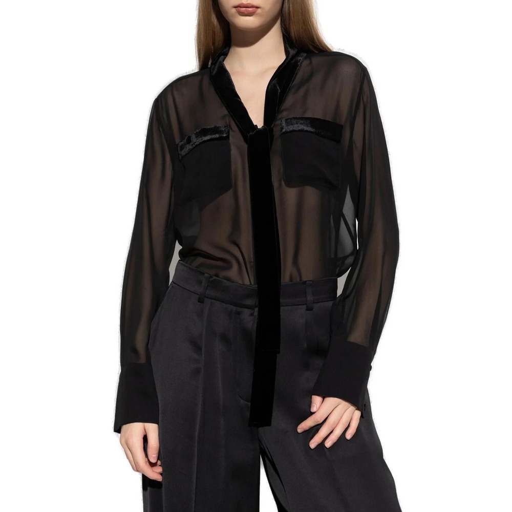 Frame‎ Velvet Trim Modern Tie Blouse Black Sheer Silk Chiffon Small